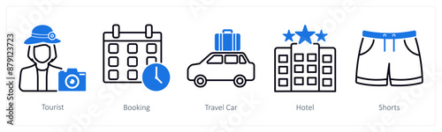 A set of 5 Summer and Travel icons as tourist, booking, travel car