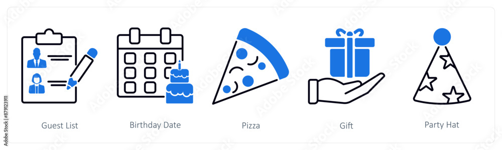 A set of 5 Party and Celebration icons as guest list, birthday date, pizza A set of 5 Party and Celebration icons as guest list, birthday date, pizza