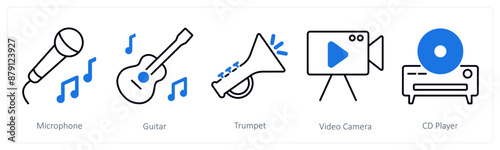 A set of 5 Party and Celebration icons as microphone, guitar, trumpet