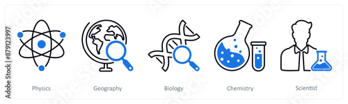 A set of 5 School and Education icons as physics, geography, biology