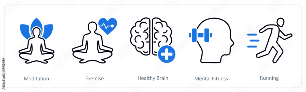 A set of 5 Sports and Fitness icons as meditation, exercise, healthy brain