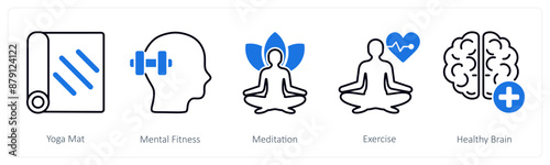 A set of 5 Sports and Fitness icons as yoga mat, mental fitness, meditation