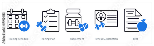 A set of 5 Sports and Fitness icons as training schedule, training plan, supplement