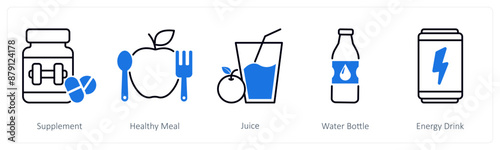 A set of 5 Sports and Fitness icons as supplement, healthy meal, juice