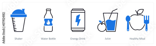 A set of 5 Sports and Fitness icons as shaker, water bottle, energy drink