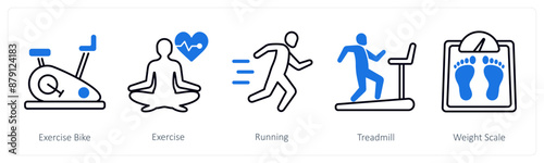 A set of 5 Sports and Fitness icons as exercise bike, exercise, running