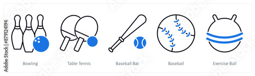 A set of 5 Sports and Fitness icons as bowling, table tennis, basketball bat