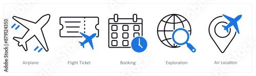 A set of 5 Summer and Travel icons as airplane, flight ticket, booking