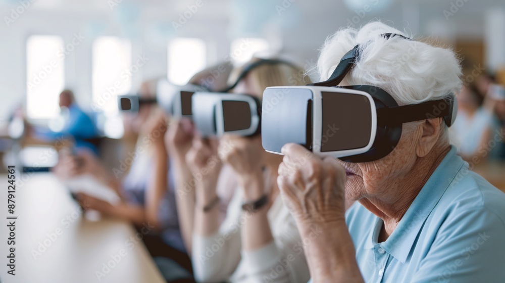 Seniors in a tech class, experimenting with virtual reality and other gadgets, documentary photography style Seniors in a tech class, experimenting with virtual reality and other gadgets, documentary photography style