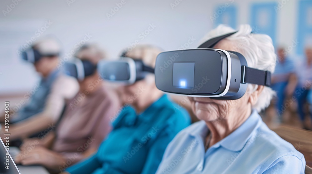 Elderly people in a tech course, exploring the use of laptops, phones, and VR headsets, editorial photography style Elderly people in a tech course, exploring the use of laptops, phones, and VR headsets, editorial photography style