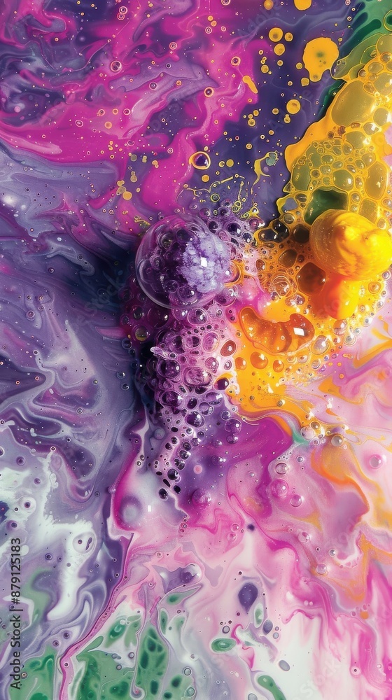 A dynamic explosion of purple yellow and green abstract patterns A dynamic explosion of purple yellow and green abstract patterns
