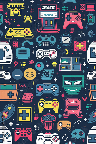 A colorful and abstract design of video game controllers
