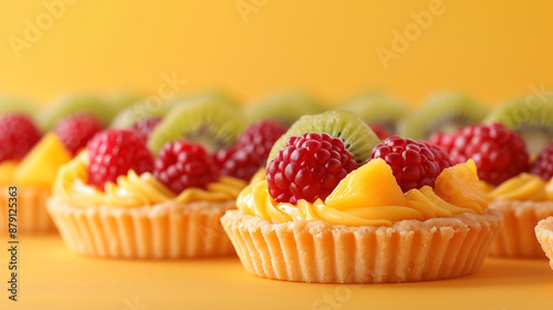 A delightful display of miniature tartlets filled with a variety of colorful fruits, such as berries, kiwi, and mango. The tart shells are made from a buttery pastry and have a crisp texture. 