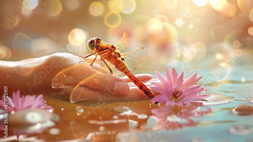 A dragonfly has her wings done and being loved in a spa center