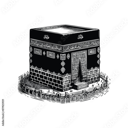hand drawn Illustration of Kaaba. engraving black and white Kaaba vector illustration isolated on white background, famous landmarks drawing