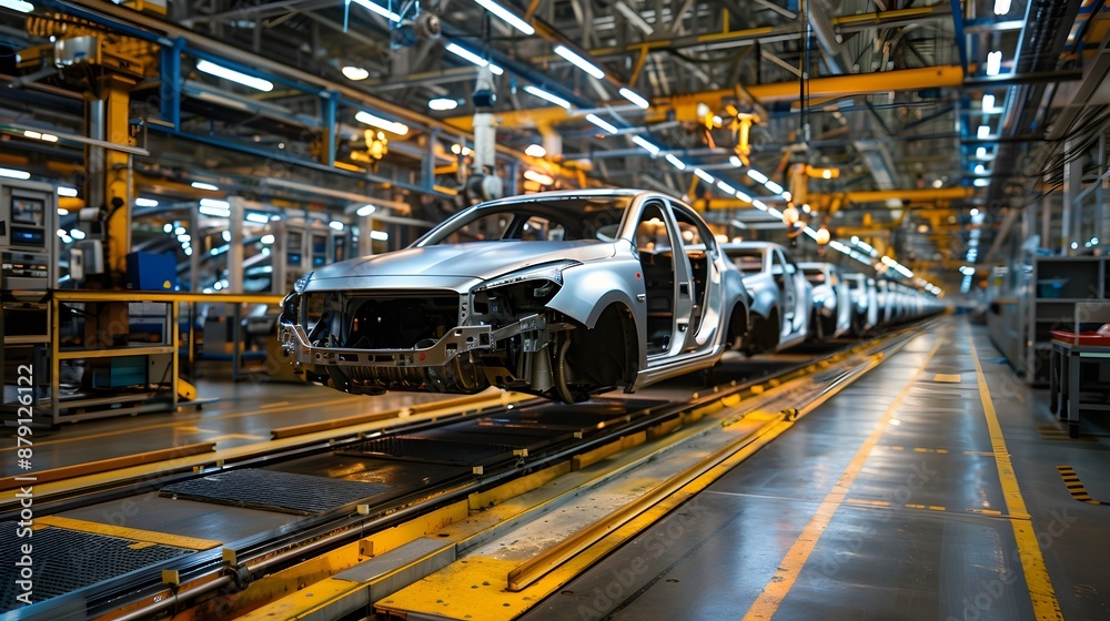 Fototapeta premium Mass production assembly line of modern cars in a busy factory