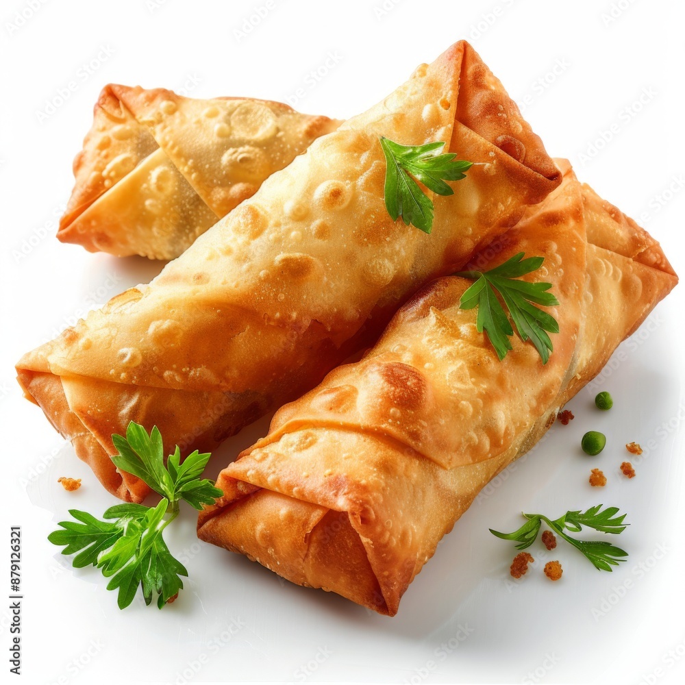3D illustration of three delicious, crispy fried dumplings on a white plate. The dumplings are golden-brown with a perfectly textured crust. 3D illustration of three delicious, crispy fried dumplings on a white plate. The dumplings are golden-brown with a perfectly textured crust.