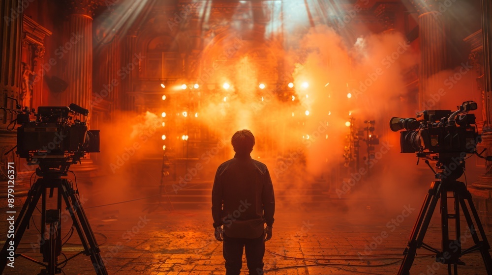 Fototapeta premium A lone filmmaker stands in the middle of a movie set, with two cameras poised to capture the action. The set is lit with orange lights and smoke, giving an eerie ambiance.