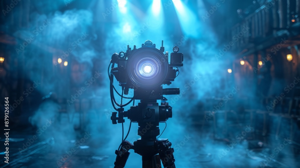 A professional film camera, mounted on a tripod, captures the action in a dimly lit setting with blue lights and smoke.