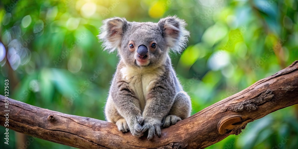 Fototapeta premium Adorable koala bear cub sitting on a tree branch , Australian wildlife, cute, furry, eucalyptus, tree, baby animal, marsupial