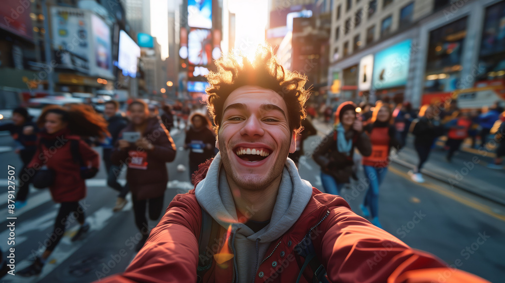 A selfie of a young man with spiky hair and a big smile taking a photo while running in a city race, surrounded by other runners on an urban street during sunrise A selfie of a young man with spiky hair and a big smile taking a photo while running in a city race, surrounded by other runners on an urban street during sunrise