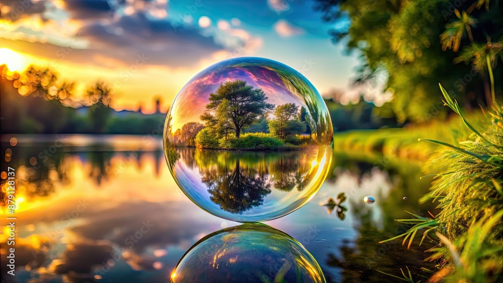 A close-up of a delicate soap bubble reflecting a dreamy landscape, fragile, dreams, aspirations, vulnerability A close-up of a delicate soap bubble reflecting a dreamy landscape, fragile, dreams, aspirations, vulnerability