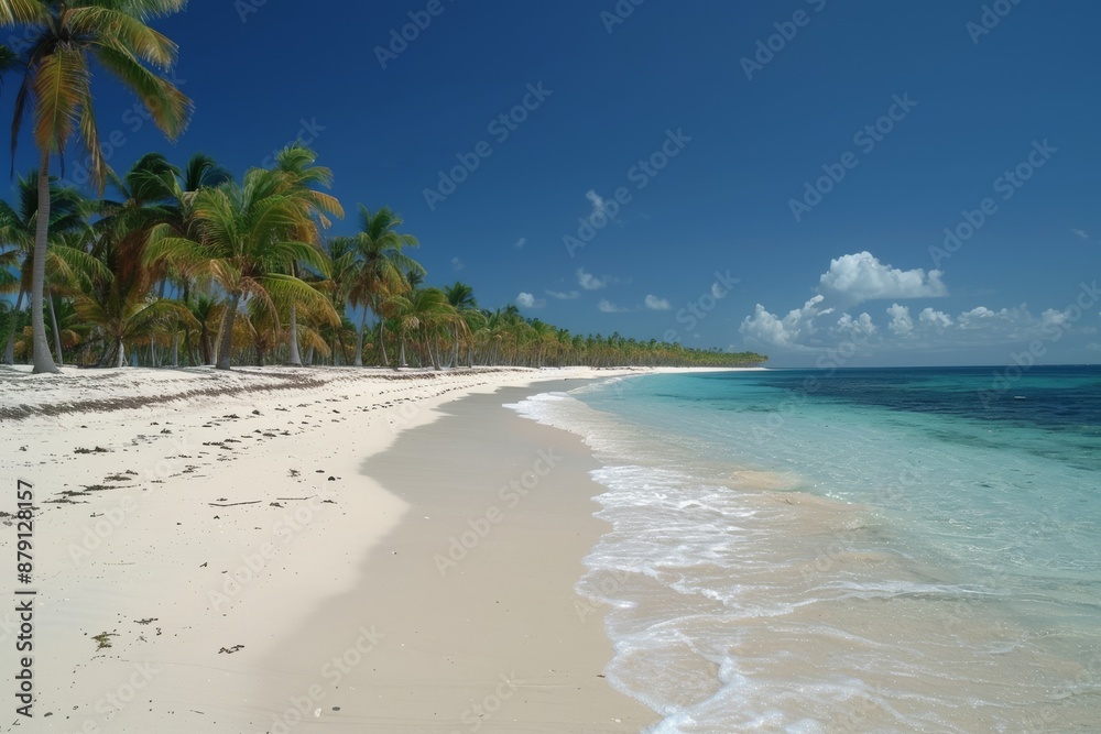 Palm Trees Lining Pristine White Sand Beach With Clear Blue Water on a Sunny Day Palm Trees Lining Pristine White Sand Beach With Clear Blue Water on a Sunny Day