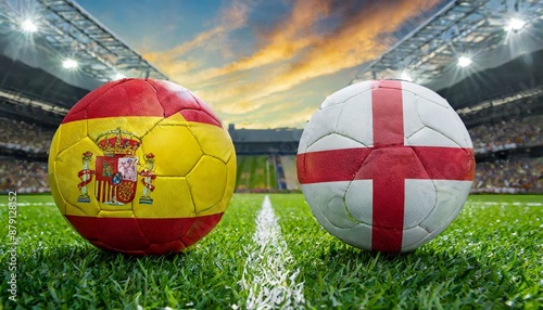 Two soccer balls with country flags from spain and england placed against each other on the green grass in a stadium for the European Championship