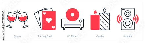 A set of 5 Party and Celebration icons as cheers, playing card, cd player
