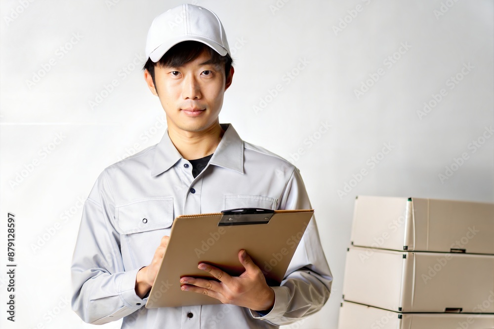 Serious Asian Delivery Driver with Clipboard
Serious Asian Delivery Driver with Clipboard