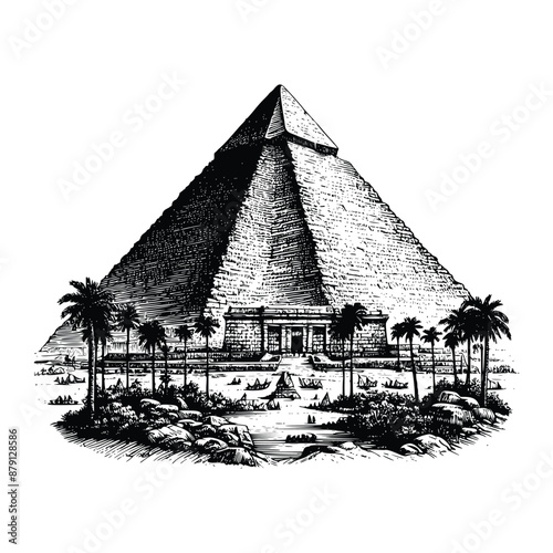 hand drawn Illustration of The Great Pyramid Of Giza. engraving black and white The Great Pyramid Of Giza vector illustration isolated on white background, famous landmarks drawing
