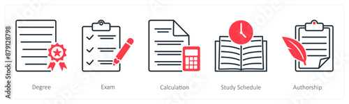 A set of 5 School and Education icons as degree, exam, calculation