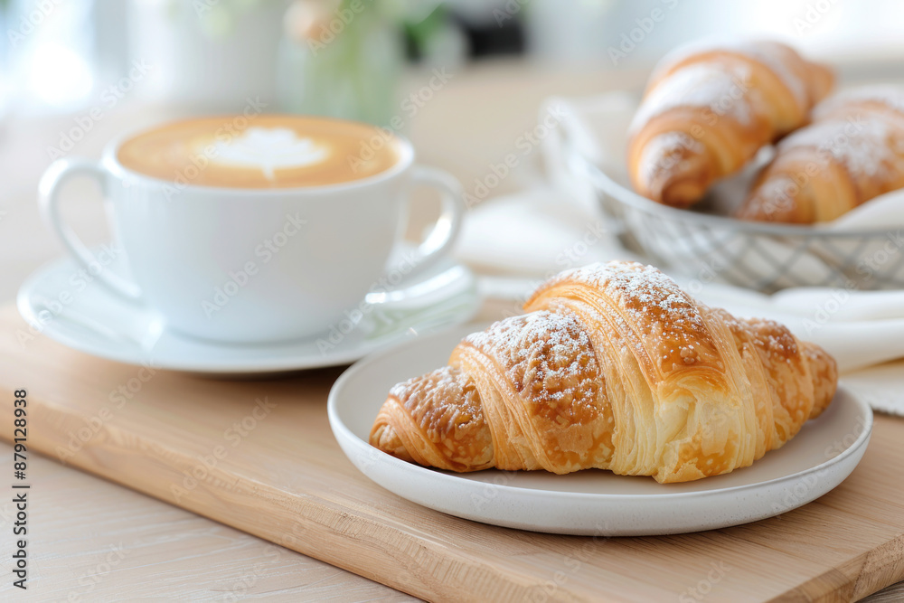 A cup of espresso coffee and croissant on table at hotel restaurant cafe A cup of espresso coffee and croissant on table at hotel restaurant cafe
