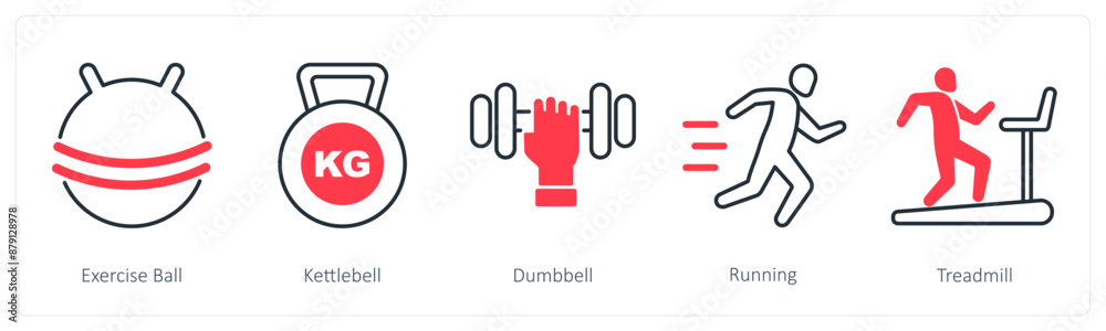Fototapeta premium A set of 5 Sports and Fitness icons as exercise ball, kettlebell, dumbell