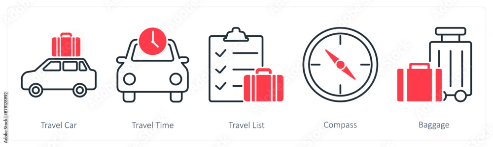 A set of 5 Summer and Travel icons as travel car, travel time, travel list A set of 5 Summer and Travel icons as travel car, travel time, travel list