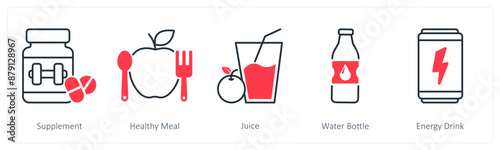A set of 5 Sports and Fitness icons as supplement, healthy meal, juice