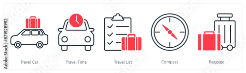A set of 5 Summer and Travel icons as travel car, travel time, travel list Free Download A set of 5 Summer and Travel icons as travel car, travel time, travel list - GFXLoad