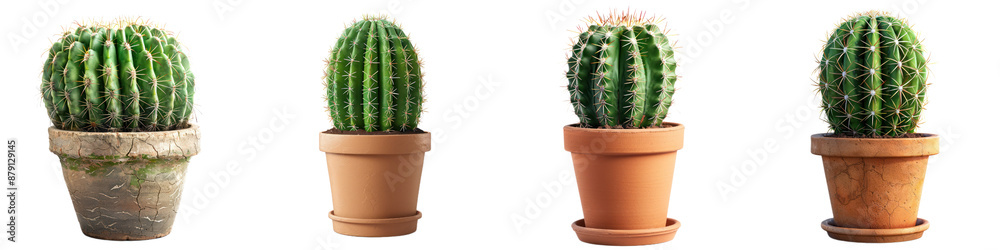 Four potted cactus plants in various brown pots, aligned in a row against a white background. Four potted cactus plants in various brown pots, aligned in a row against a white background.