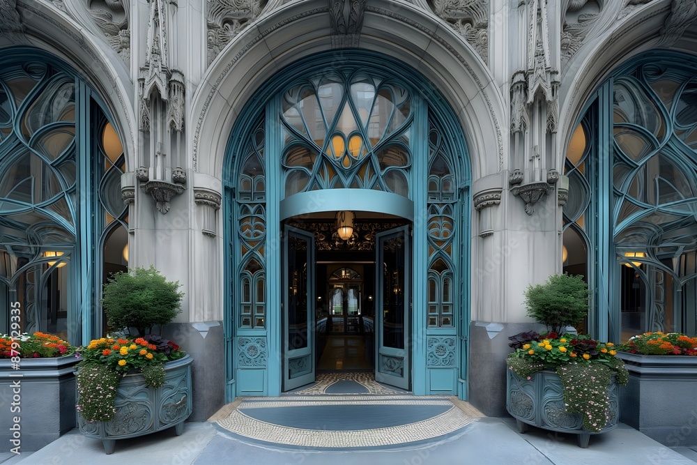 Backdrop Art Deco style door architecture with a light blue and gold color palette. The glass windows have intricate patterns, surrounded by ornate planters filled with flowers Backdrop Art Deco style door architecture with a light blue and gold color palette. The glass windows have intricate patterns, surrounded by ornate planters filled with flowers