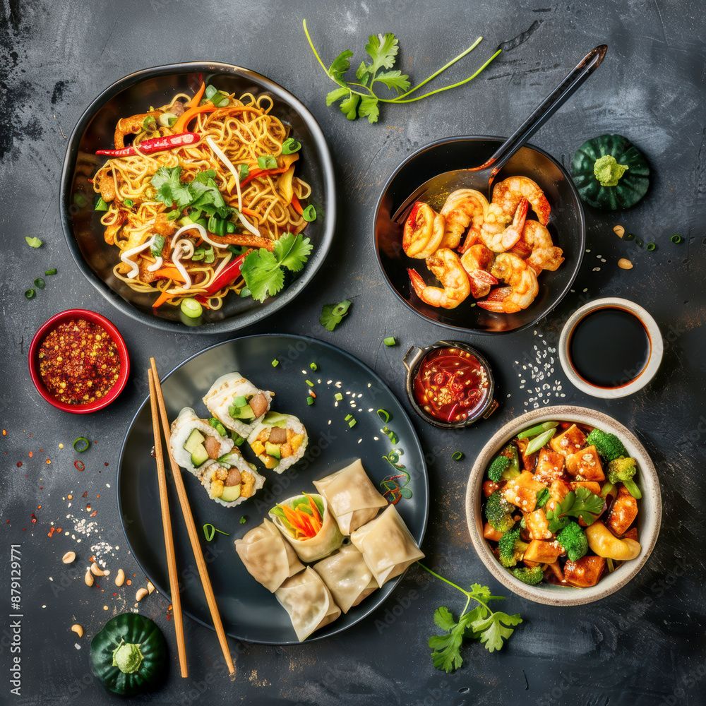 asian cuisine on dark background. AI generative. asian cuisine on dark background. AI generative.