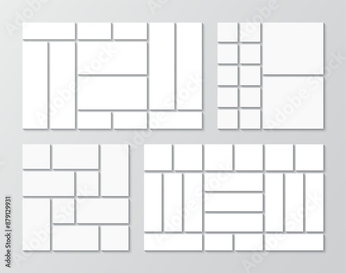 Mosaic pictures frame collection. Album brandboard grid. Photo collage templates set. Moodboard layout. Gallery banner. Portfolio images. Abstract forms. Retro background. Vector illustration