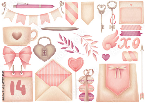 Watercolor set of  Saint's Valentine day accessories isolated.
