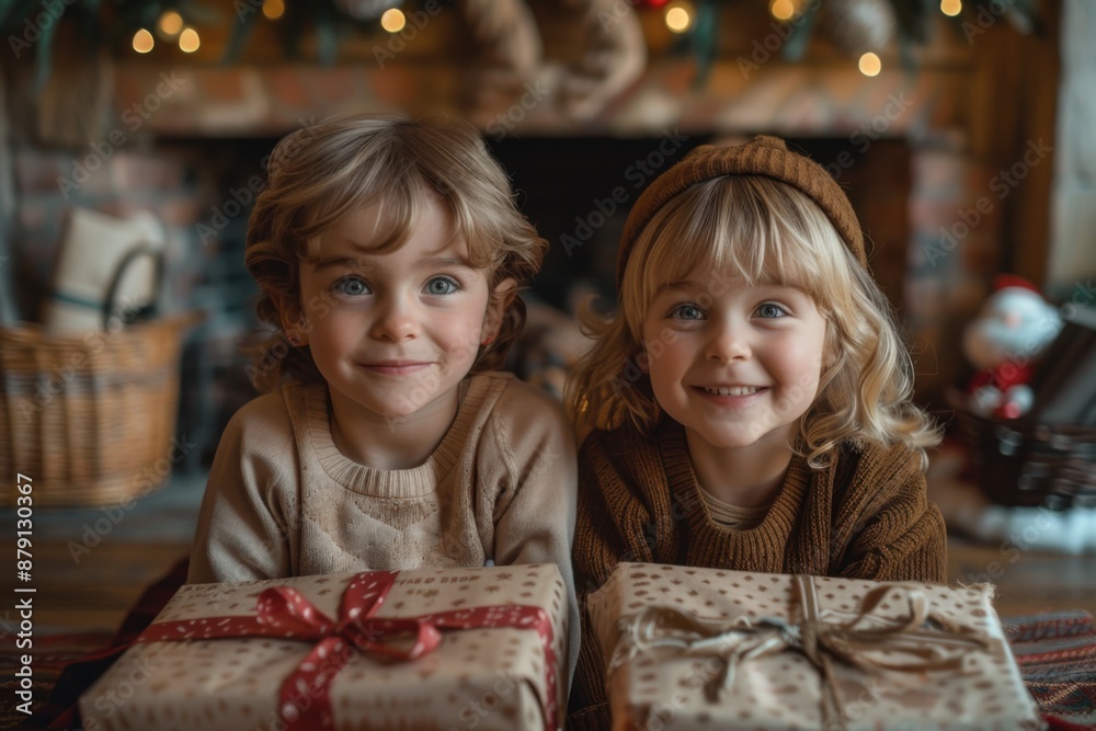 Two children sitting next to each other with presents Two children sitting next to each other with presents