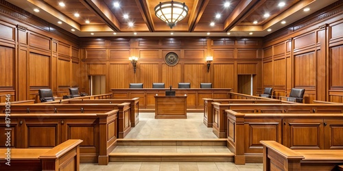 Obraz na płótnie An empty wooden courtroom with benches , courtroom, wood, empty, legal, justice, trial, court, law, judge, attorney w salonie
