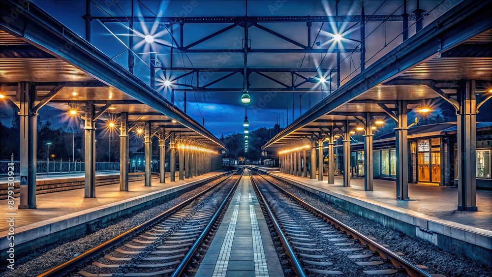A train station at night with glowing lights and empty platforms, train station, night, transportation, railway A train station at night with glowing lights and empty platforms, train station, night, transportation, railway