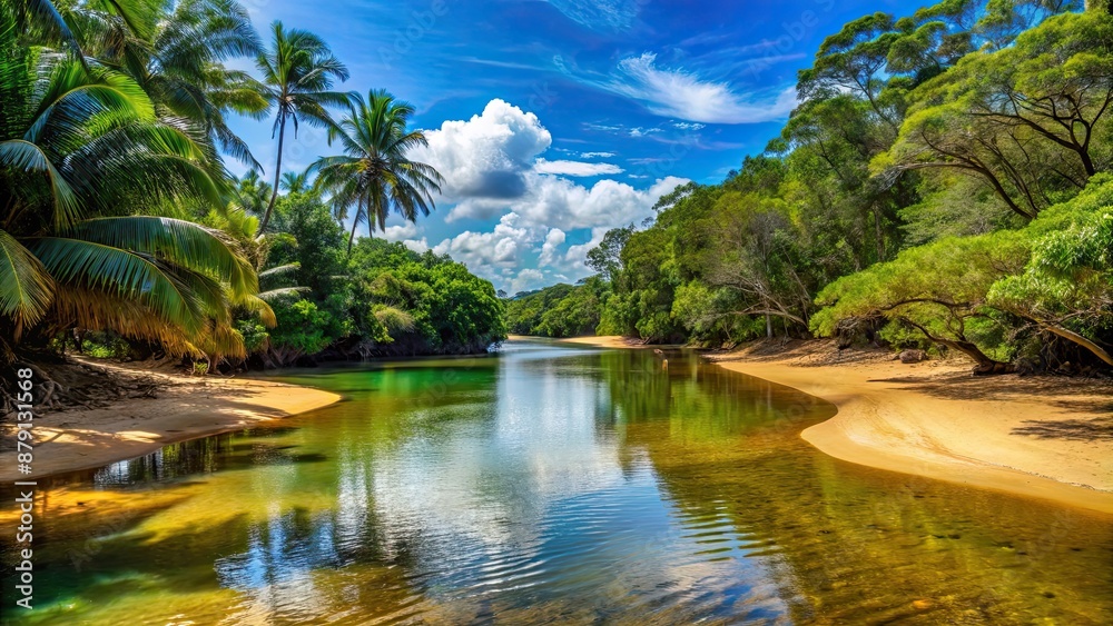 Fototapeta premium Beautiful view of a tropical jungle river at the beach of Masoala National Park in Madagascar, Madagascar, Masoala National Park