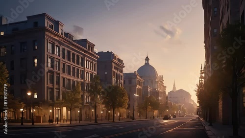 City at Dawn Animation. First Light of Day Illuminating Buildings, Streets, Peaceful Hopeful Atmosphere. Experience the Serenity and Hope of the City at Dawn in This Dynamic Video. photo