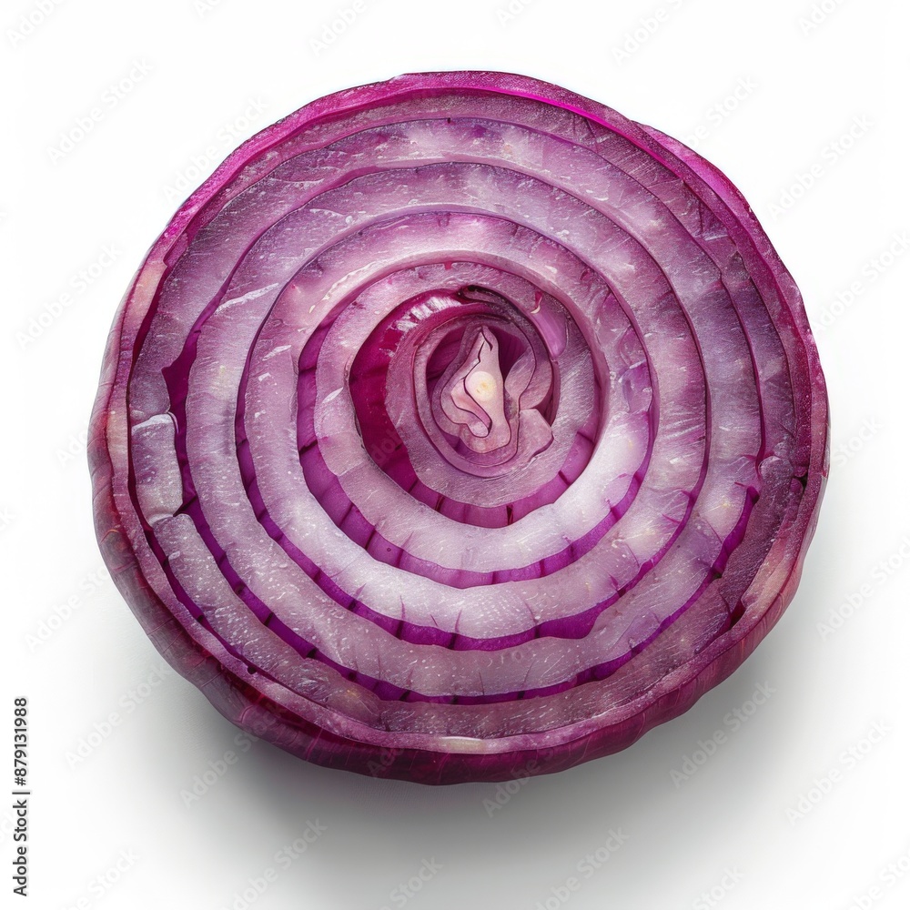 A vibrant, photorealistic digital illustration of a sliced red onion, showcasing its concentric layers and textures, ideal for culinary or botanical content. A vibrant, photorealistic digital illustration of a sliced red onion, showcasing its concentric layers and textures, ideal for culinary or botanical content.
