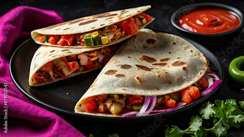 Mexican quesadillas with copy space on colorful background