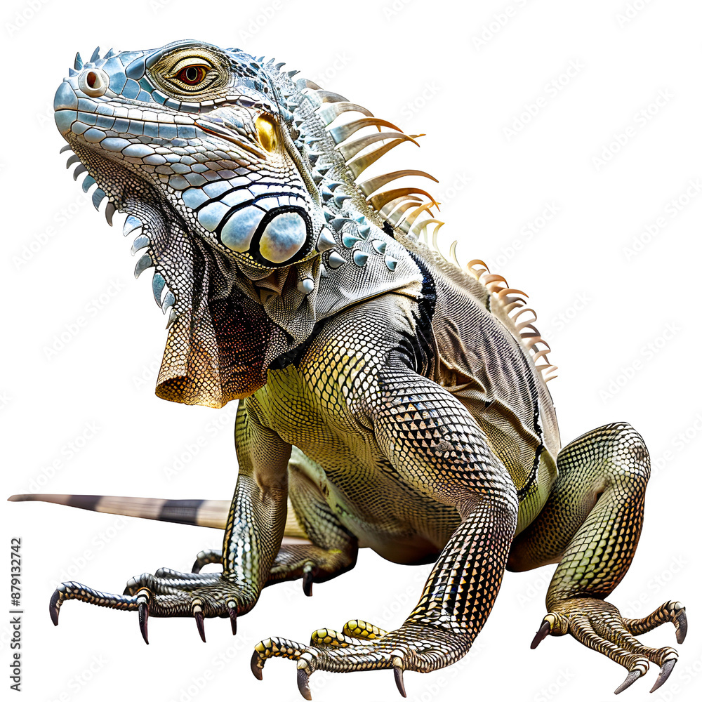 Obraz premium Close-up of a colorful iguana with detailed scales and textures isolated on transparency PNG background, showcasing the reptile's unique and fascinating appearance.